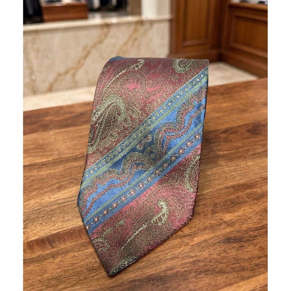 Torriani Italy Silk Necktie Burgundy Blue Paisley Stripe 56in Old Money